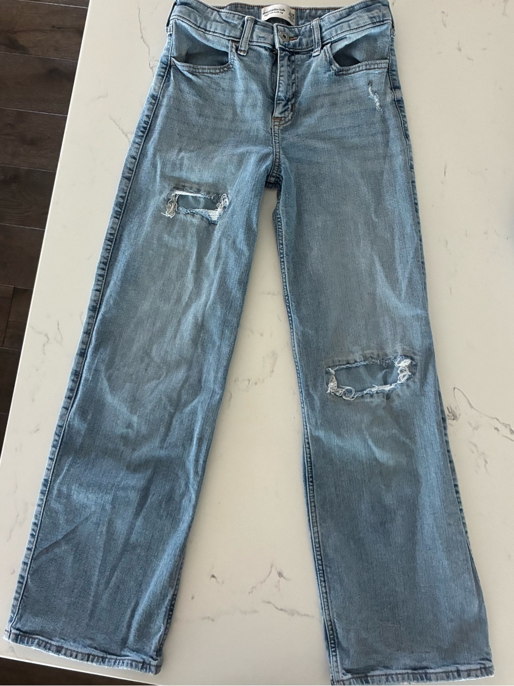 abercrombie kids light blue distressed straight leg jeans